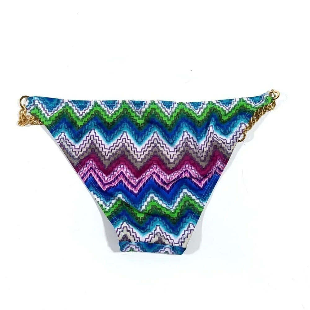 NEW L*Space Rope Chain Strape Bikini Bottom Blue Green Boho Chevron Print Small